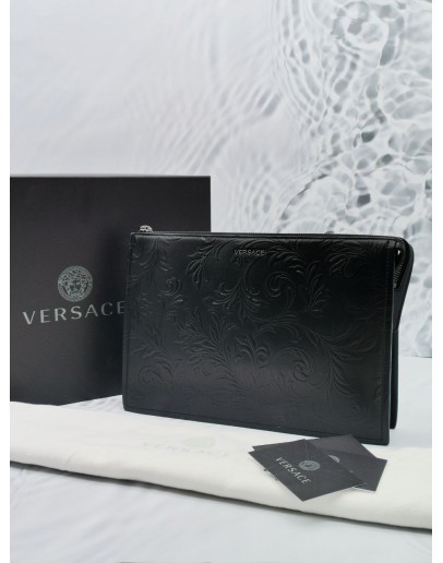 VERSACE LOGO BLACK EMBOSSED LEATHER FLOWER CLUTCH -FULL SET-