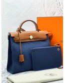 HERMES HERBAG 31 PM VACHE HUNTER / TOILE FAUVE / BLEU DE FRANCE BAG STAMP Y - FULL SET-