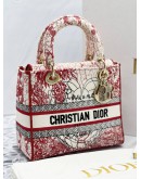 CHRISTIAN DIOR LADY DIOR MEDIUM D-LITE RED AND WHITE D-ROYAUME D AMOUR EMBROIDERY BAG -FULL SET-