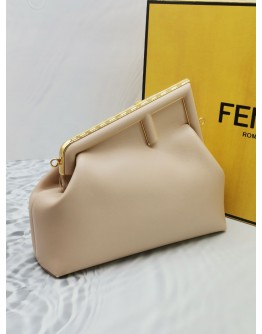 FENDI FIRST MEDIUM PALE PINK NAPPA LEATHER BAG WITH AN OVERSIZED METAL F CLASP -FULL SET-