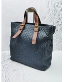 BOTTEGA VENETA INTRECCIATO NAVY BLUE LEATHER HANDLE TOTE BAG