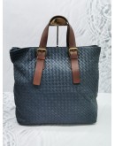 BOTTEGA VENETA INTRECCIATO NAVY BLUE LEATHER HANDLE TOTE BAG