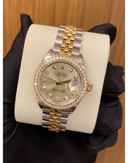 ROLEX OYSTER PERPETUAL LADY DATEJUST HALF 750 YELLOW GOLD DIAMOND REF 279383RBR 28MM AUTOMATIC YEAR 2017 WATCH -FULL SET-