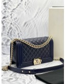 CHANEL MEDIUM BOY MIDNIGHT BLUE LAMBSKIN LEATHER GOLD CHAIN BAG -FULL SET-