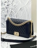 CHANEL MEDIUM BOY MIDNIGHT BLUE LAMBSKIN LEATHER GOLD CHAIN BAG -FULL SET-