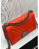 CHANEL MEDIUM BOY CORAL COLOR CHEVRON LAMBSKIN LEATHER RUTHENIUM HARDWARE