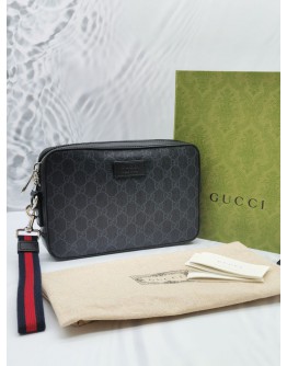 (BRAND NEW) 2022 GUCCI WEB GG BLACK SUPREME CANVAS AND LEATHER CLUTCH -FULL SET-