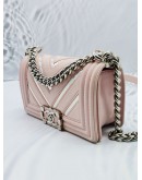 CHANEL SMALL BOY FLAP SOFT PINK CHEVRON LAMBSKIN LEATHER SILVER HARDWARE WITH IRIDESCENT TRIM