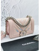 CHANEL SMALL BOY FLAP SOFT PINK CHEVRON LAMBSKIN LEATHER SILVER HARDWARE WITH IRIDESCENT TRIM