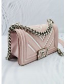 CHANEL SMALL BOY FLAP SOFT PINK CHEVRON LAMBSKIN LEATHER SILVER HARDWARE WITH IRIDESCENT TRIM