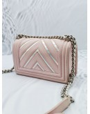 CHANEL SMALL BOY FLAP SOFT PINK CHEVRON LAMBSKIN LEATHER SILVER HARDWARE WITH IRIDESCENT TRIM