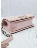 CHANEL SMALL BOY FLAP SOFT PINK CHEVRON LAMBSKIN LEATHER SILVER HARDWARE WITH IRIDESCENT TRIM