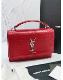 (UNWORN) YSL SAINT LAURENT SHINY RED CROCODILE EMBOSSED LEATHER MEDIUM SUNSET CROSSBODY CHAIN BAG -FULL SET-