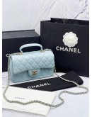 (BRAND NEW) 2023 CHANEL SKY BLUE LAMBSKIN LEATHER MINI TOP HANDLE FLAP BAG -FULL SET-