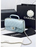 (BRAND NEW) 2023 CHANEL SKY BLUE LAMBSKIN LEATHER MINI TOP HANDLE FLAP BAG -FULL SET-