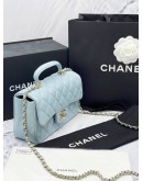 (BRAND NEW) 2023 CHANEL SKY BLUE LAMBSKIN LEATHER MINI TOP HANDLE FLAP BAG -FULL SET-