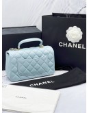 (BRAND NEW) 2023 CHANEL SKY BLUE LAMBSKIN LEATHER MINI TOP HANDLE FLAP BAG -FULL SET-