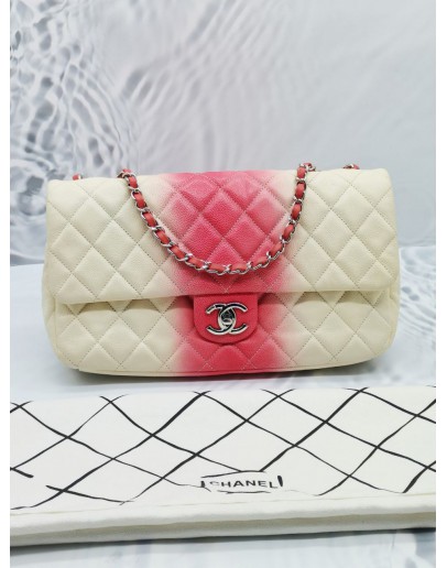 CHANEL TIE AND DYE PINK & WHITE OMBRE CAVIAR LEATHER JUMBO SINGLE FLAP CHAIN BAG