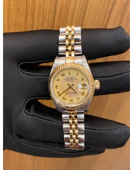 ROLEX OYSTER PERPETUAL LADY DATEJUST HALF 750 YELLOW GOLD CHAMPAGNE RAINBOW DIAL REF 69174 26MM AUTOMATIC YEAR 2000 WATCH