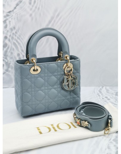 CHRISTIAN DIOR SMALL LADY DIOR MY ABCDIOR BLUE CANNAGE LAMBSKIN LEATHER HANDLE CROSSBODY BAG