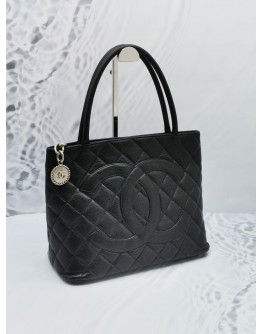 CHANEL MEDALLION BLACK CAVIAR LEATHER SILVER HARDWARE ZIPPED TOTE HANDLE BAG