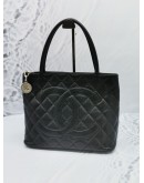 CHANEL MEDALLION BLACK CAVIAR LEATHER SILVER HARDWARE ZIPPED TOTE HANDLE BAG