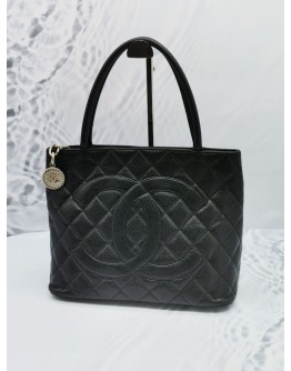 CHANEL MEDALLION BLACK CAVIAR LEATHER SILVER HARDWARE ZIPPED TOTE HANDLE BAG