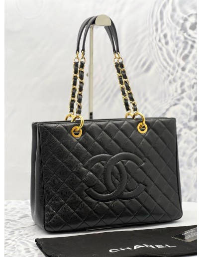 CHANEL GST (GRAND SHOPPING TOTE) GOLD HARDWAE BLACK CAVIAR LEATHER SHOULDER BAG