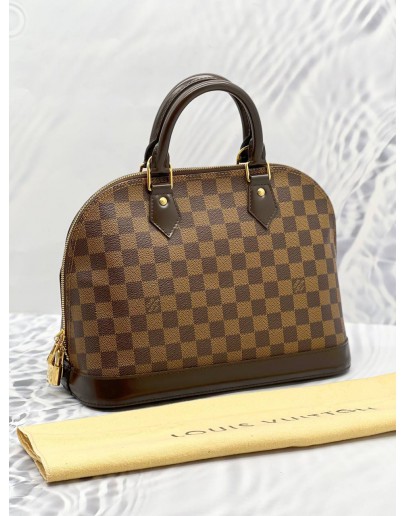 LOUIS VUITTON ALMA PM BROWN DAMIER EBENE CANVAS GOLD HARDWARE DOUBLE ZIP CLOSURE HANDLE BAG  