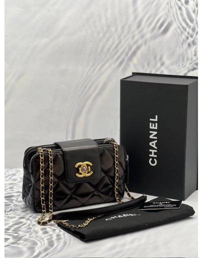 CHANEL SMALL GLAZED QUILTED CALFSKIN LEATHER GOLD & SILVER HARDWARE DOUBLE ZIP CROSSBODY BAG -FULL SET-