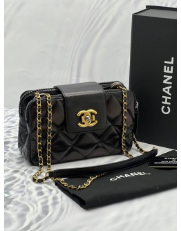 CHANEL SMALL GLAZED QUILTED CALFSKIN LEATHER GOLD & SILVER HARDWARE DOUBLE ZIP CROSSBODY BAG -FULL SET-