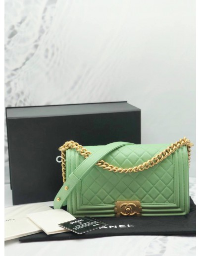 CHANEL BOY MEDIUM LAMBSKIN AVOCADO GREEN YEAR 2019-FULL SET-