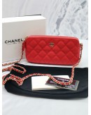 CHANEL QUILTED RED CAVIAR LEATHER DOUBLE ZIP CLUTCH WITH GOLD CHAIN BAG -FULL SET-