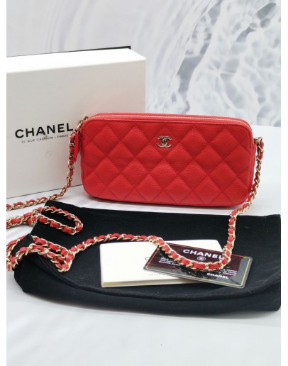 CHANEL QUILTED RED CAVIAR LEATHER DOUBLE ZIP CLUTCH WITH GOLD CHAIN BAG -FULL SET-