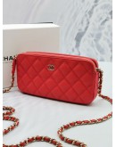 CHANEL QUILTED RED CAVIAR LEATHER DOUBLE ZIP CLUTCH WITH GOLD CHAIN BAG -FULL SET-