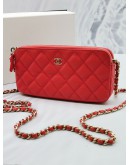 CHANEL QUILTED RED CAVIAR LEATHER DOUBLE ZIP CLUTCH WITH GOLD CHAIN BAG -FULL SET-