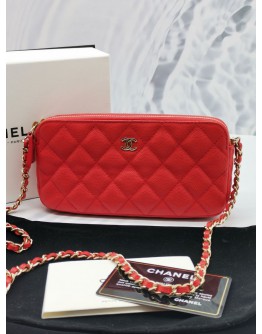 CHANEL QUILTED RED CAVIAR LEATHER DOUBLE ZIP CLUTCH WITH GOLD CHAIN BAG -FULL SET-