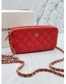 CHANEL QUILTED RED CAVIAR LEATHER DOUBLE ZIP CLUTCH WITH GOLD CHAIN BAG -FULL SET-