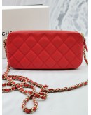 CHANEL QUILTED RED CAVIAR LEATHER DOUBLE ZIP CLUTCH WITH GOLD CHAIN BAG -FULL SET-