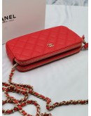 CHANEL QUILTED RED CAVIAR LEATHER DOUBLE ZIP CLUTCH WITH GOLD CHAIN BAG -FULL SET-