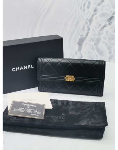 CHANEL BOY FLAP LONG WALLET QUILTED LAMBSKIN LEATHER GOLD HARDWARE -FULL SET-