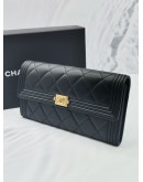 CHANEL BOY FLAP LONG WALLET QUILTED LAMBSKIN LEATHER GOLD HARDWARE -FULL SET-