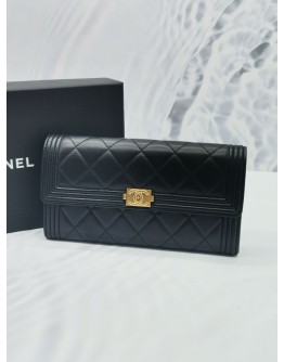 CHANEL BOY FLAP LONG WALLET QUILTED LAMBSKIN LEATHER GOLD HARDWARE -FULL SET-
