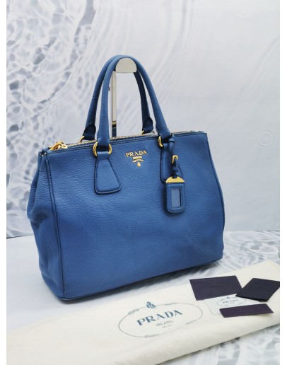 PRADA DARK BLUE VITELLO DAINO GOLD HARDWARE DOUBLE ZIP TOTE HANDLE BAG 