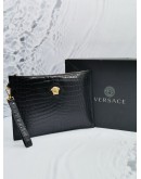 VERSACE MEDUSA SLIM POUCH IN BLACK EMBOSSED LEATHER 