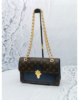 LOUIS VUITTON BROWN MONOGRAM CANVAS / BLUE LEATHER VICTOIRE CHAIN SHOULDER BAG