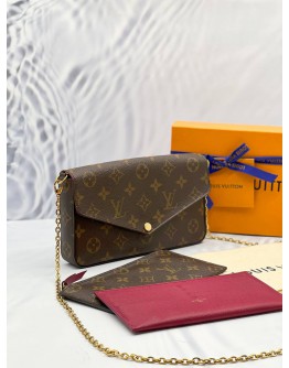 LOUIS VUITTON FELICIE FLAP BROWN MONOGRAM CANVAS GOLD HARDWARE CHAIN CROSSBODY BAG -FULL SET-