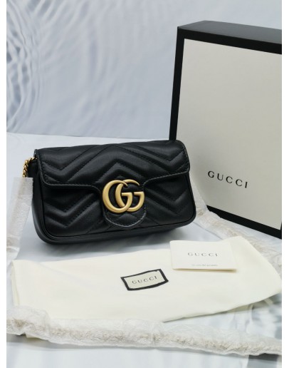 (UNUSED) GUCCI GG MARMONT BLACK MATELASSE CHEVRON LEATHER SUPER MINI GOLD HARDWARE CHAIN BAG -FULL SET-