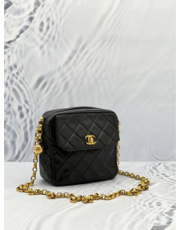 CHANEL VINTAGE FRONT POCKET MINI BLACK QUILTED LAMBSKIN LEATHER CHAIN BAG 