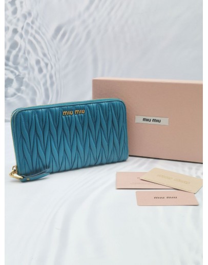 MIU MIU MARINE BLUE MATELASSE NAPPA LEATHER LONG WALLET 